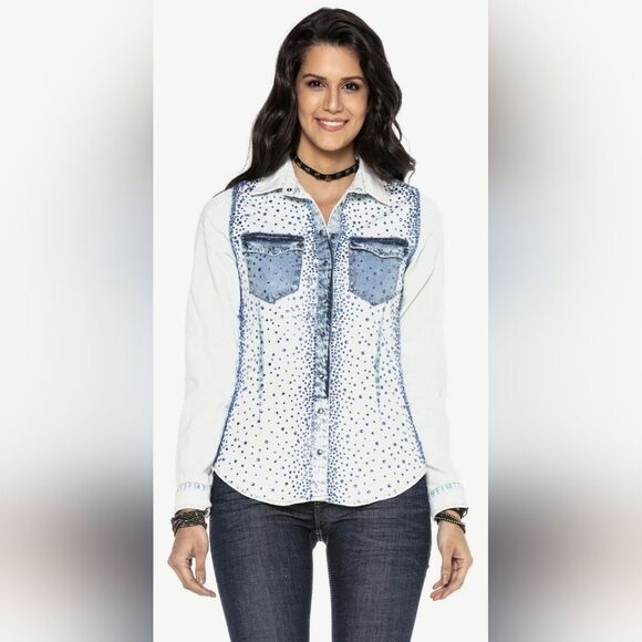 Dishe White & Blue Bedazzled Button Down Shirt (M) - Picture 1 of 7